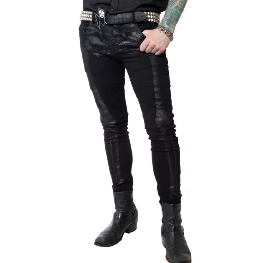 SIZE 26 and 28! Men's Black Skinny Stretch Jeans Bones Skull Coffin Pockets NWT